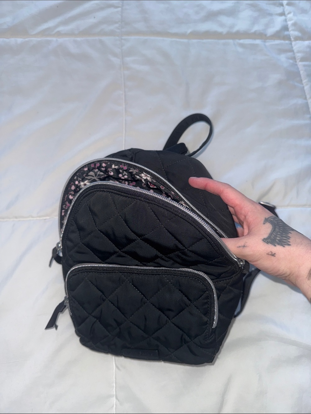 Vera Bradley Quilted Black Mini Backpack with Floral Accent